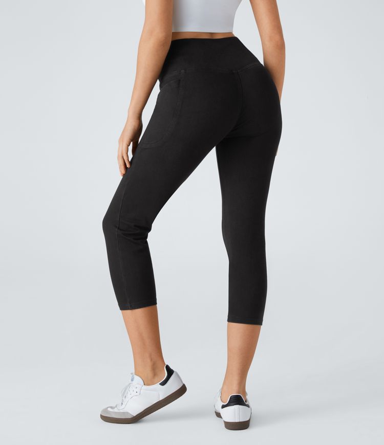 HalaraMagic™ Crossover Side Pocket Washed Stretchy Knit Denim Capri Casual Leggings