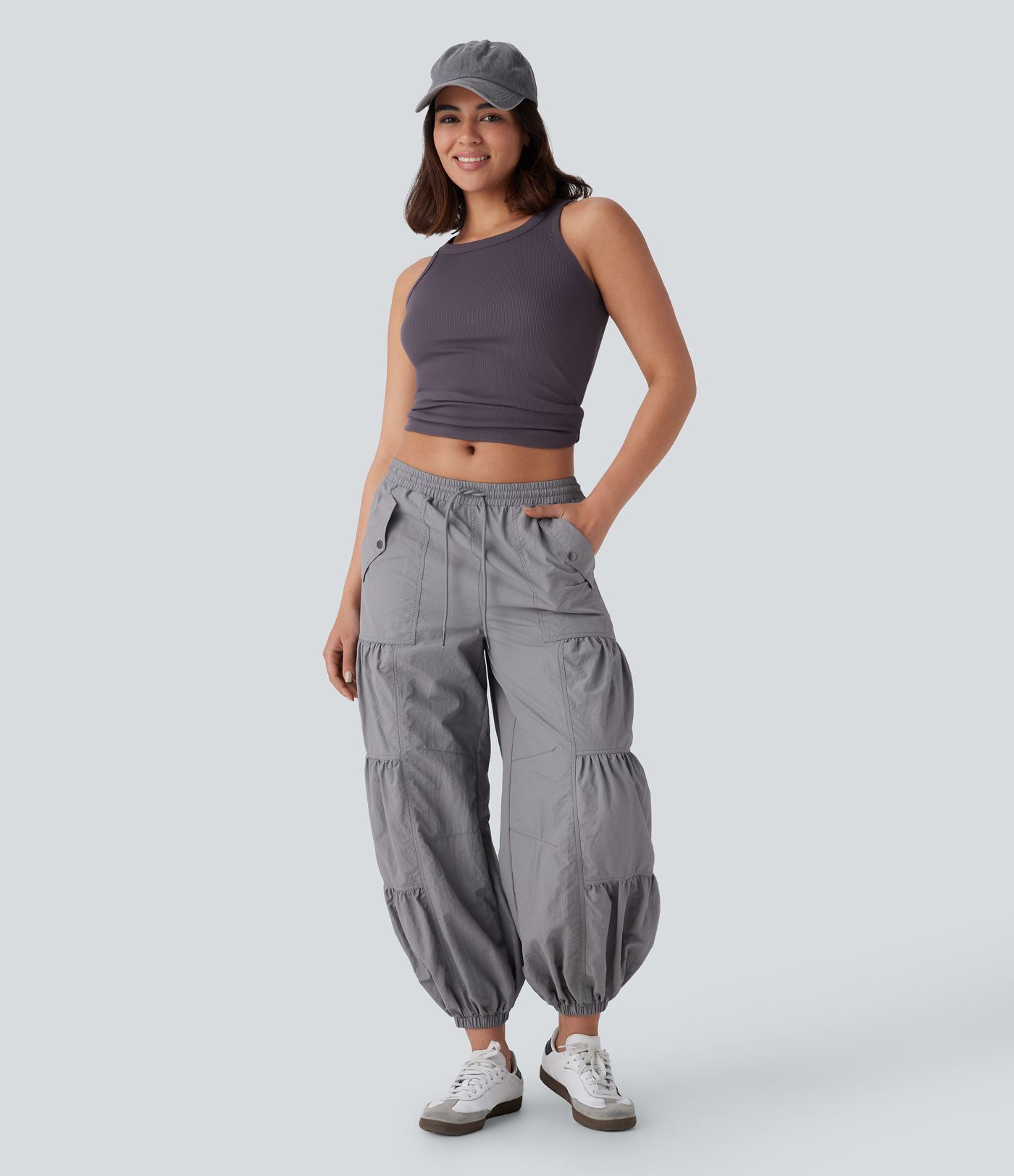 Mid Rise Drawstring Pocket Ruched Parachute Casual Cargo Joggers
