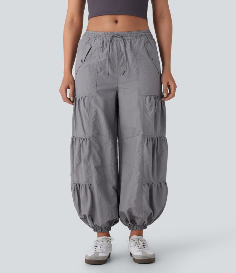 Mid Rise Drawstring Pocket Ruched Parachute Casual Cargo Joggers