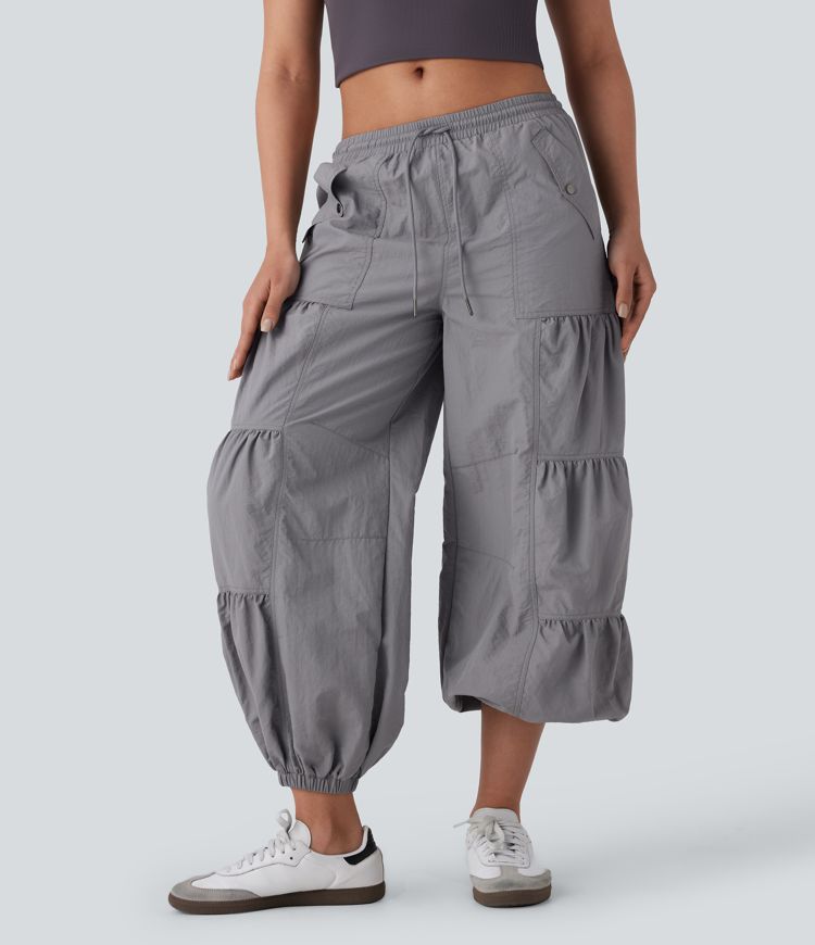 Mid Rise Drawstring Pocket Ruched Parachute Casual Cargo Joggers