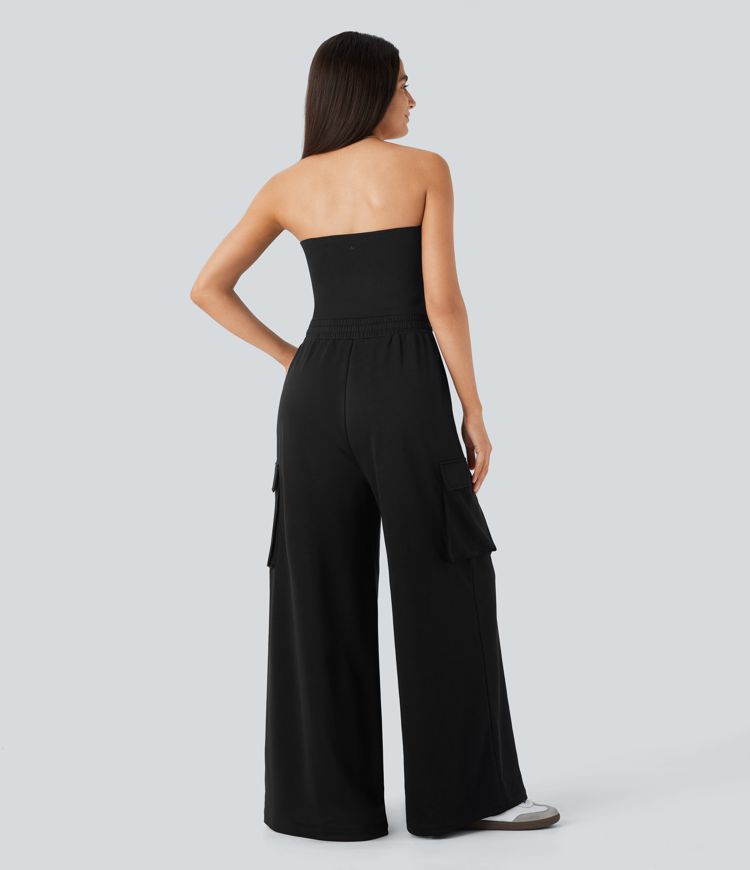 Tube Backless Invisible Zipper Drawstring Multiple Pockets Wide Leg Casual Cargo Jumpsuit