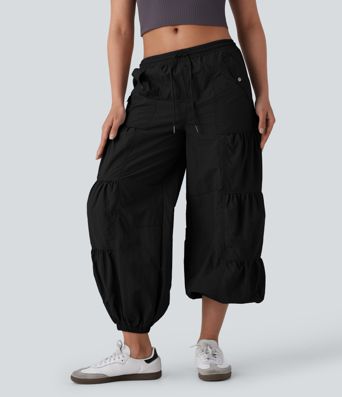 Joggers cargo holgados estilo paracaídas de tiro medio con cordón en la cintura, bolsillos y fruncidos Joggers cargo holgados estilo paracaídas de tiro medio con cordón en la cintura, bolsillos y fruncidos