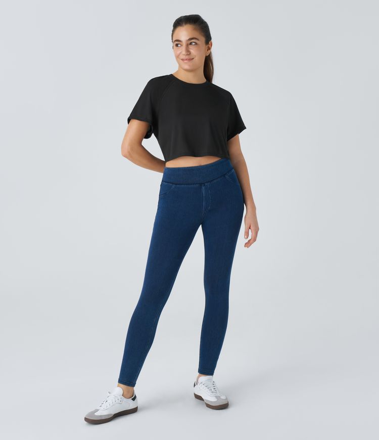 Raglan Sleeve Solid Cropped Waffle Casual Tee