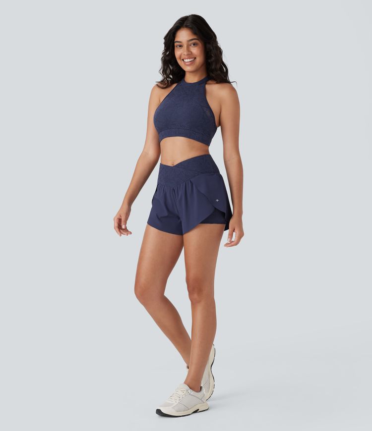 Breezeful™ High Waisted Crossover 2-in-1 Pocket Contrast Lace Quick Dry Yoga Shorts 3''