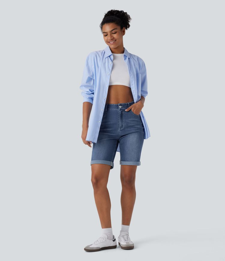Halara Flex™ High Waisted Pockets Rolled Hem Washed Denim Casual Bermuda Shorts