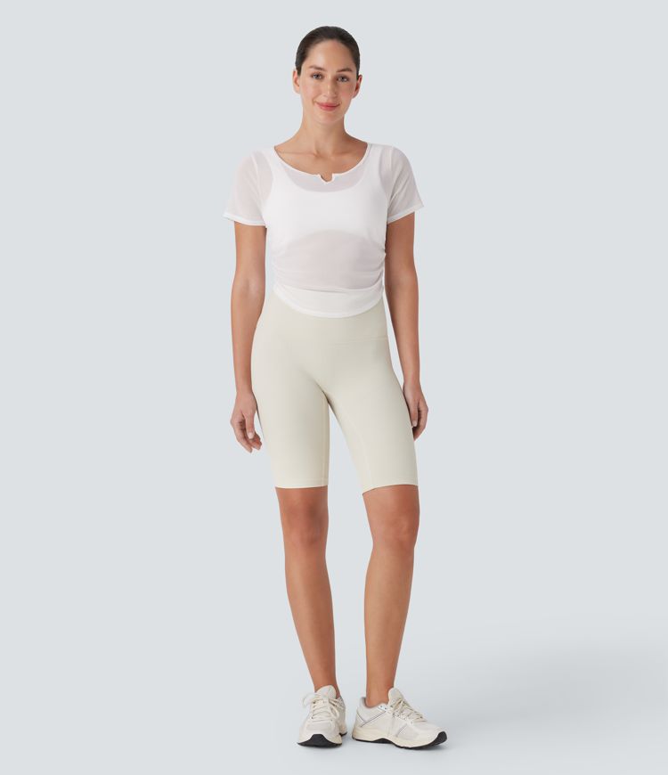 Sheer Mesh V Notch Short Sleeve Ruched Curved Hem Yoga Sports Top