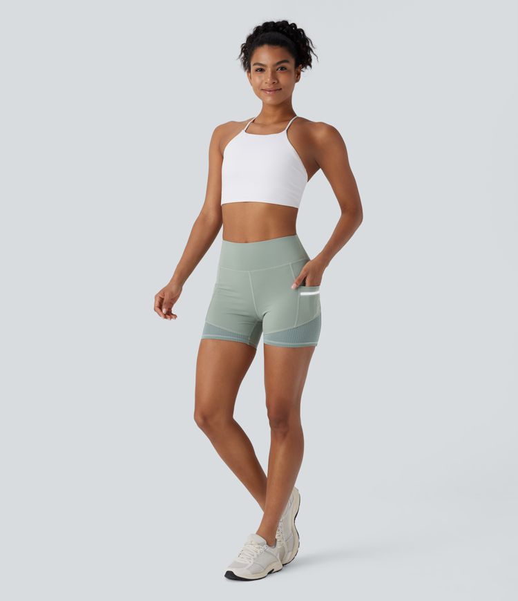 Softlyzero™ Airy Yoga-Bikershorts mit hoher Taille, reflektierender Linie in Kontrastfarbe, perforierte Seitentasche, Cool Touch, 10cm