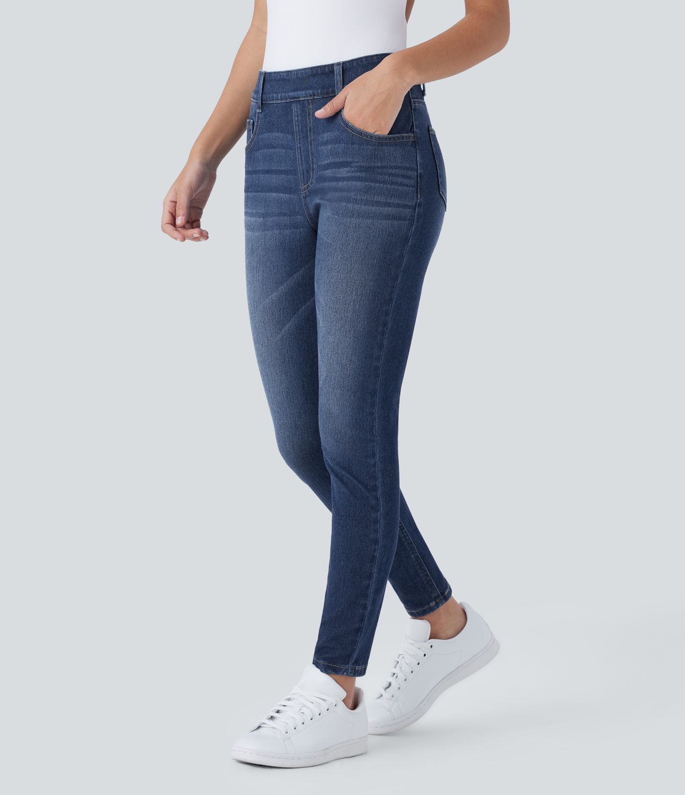 Halara Flex™ überziehbare Skinny-Jeans mit mittelhohem Bund, mehreren Taschen, dehnbarem Strick