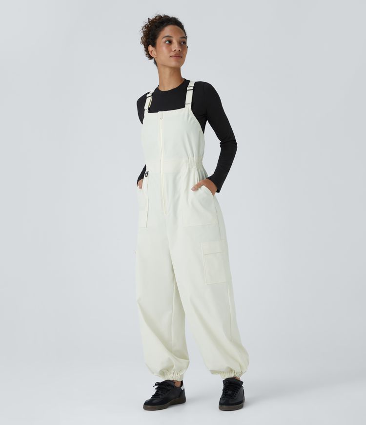 Water Repellent Wear-Resistant Adjustable Strap Crisscross Zipper Multiple Pockets Camping Dungarees