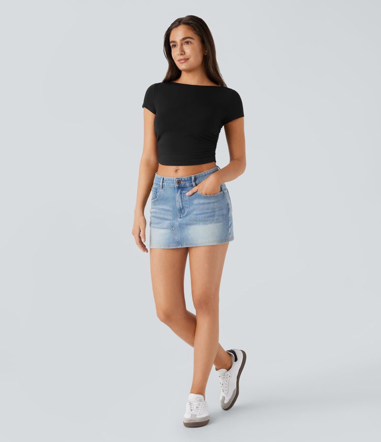 Slash Neck Short Sleeve Ruched Cropped Casual Baby Tee