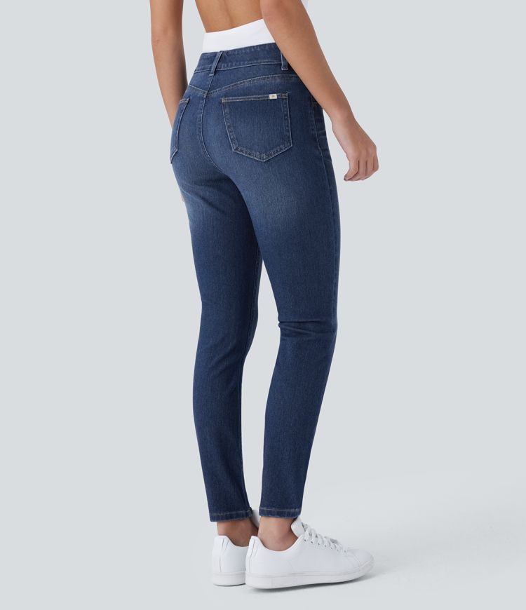 Halara Flex™ überziehbare Skinny-Jeans mit mittelhohem Bund, mehreren Taschen, dehnbarem Strick