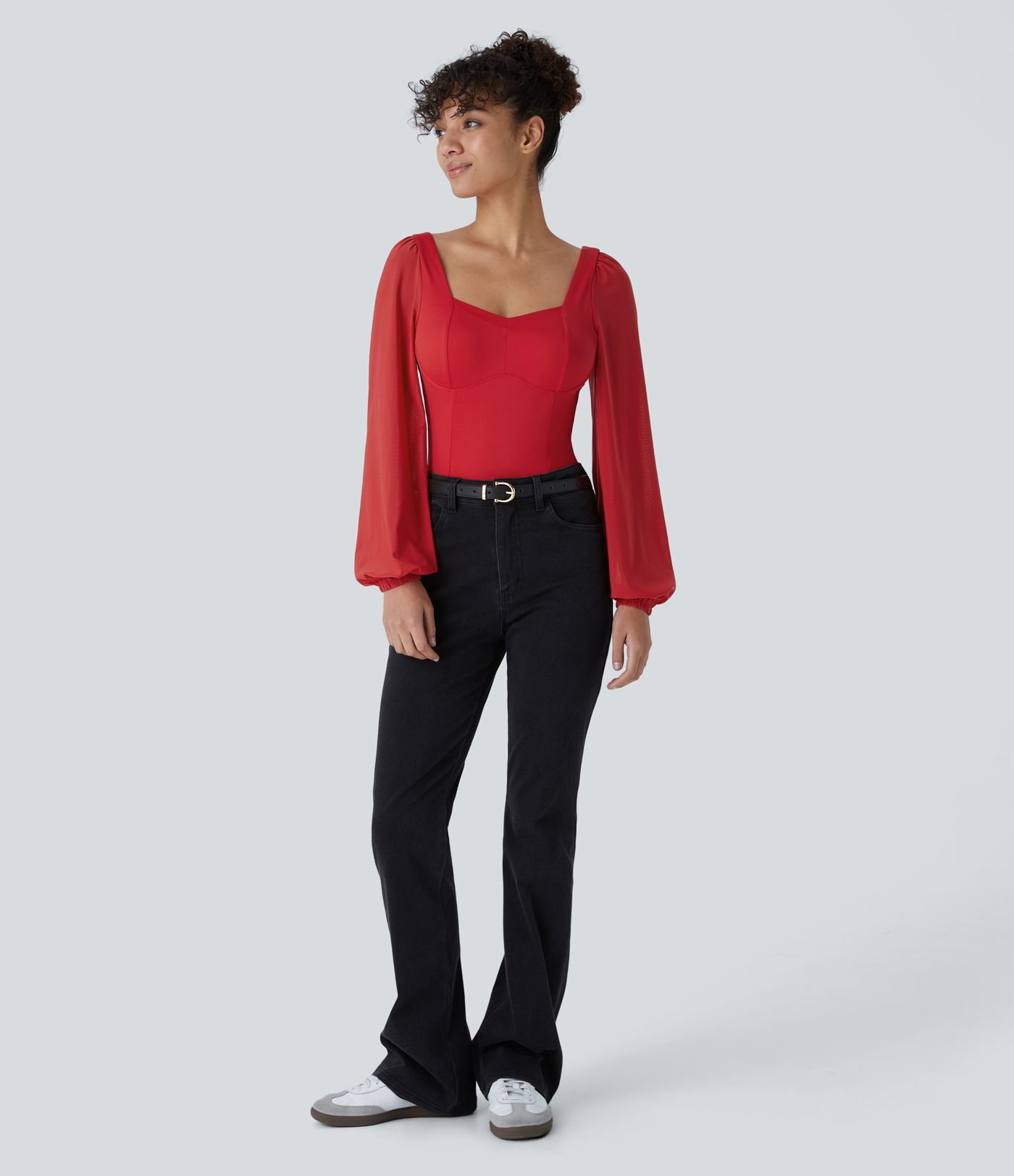 SoftlyZero™ Airy Sweetheart Neck Contrast Mesh Bishop Sleeve Cool Touch Casual Bodysuit-UPF50+