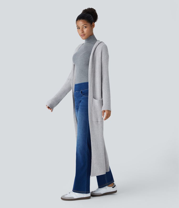 Hooded Long Sleeve Pocket Longline Casual Cardigan