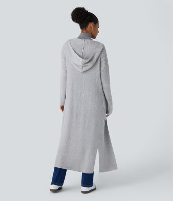 Hooded Long Sleeve Pocket Longline Casual Cardigan