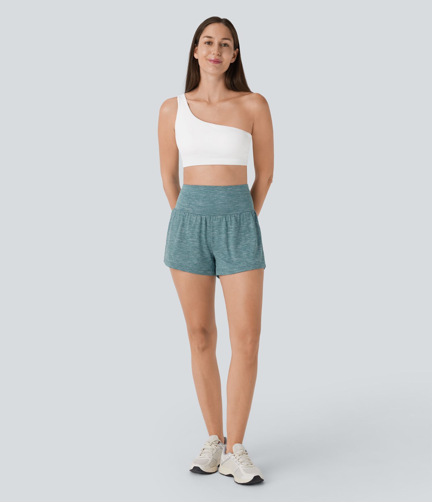 Pantalón corto yoga 2 en 1 tiro alto bolsillo trasero lateral oculto 7.5cm