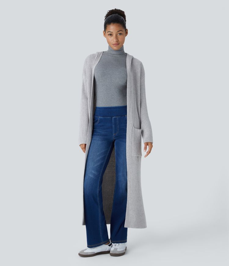 Hooded Long Sleeve Pocket Longline Casual Cardigan
