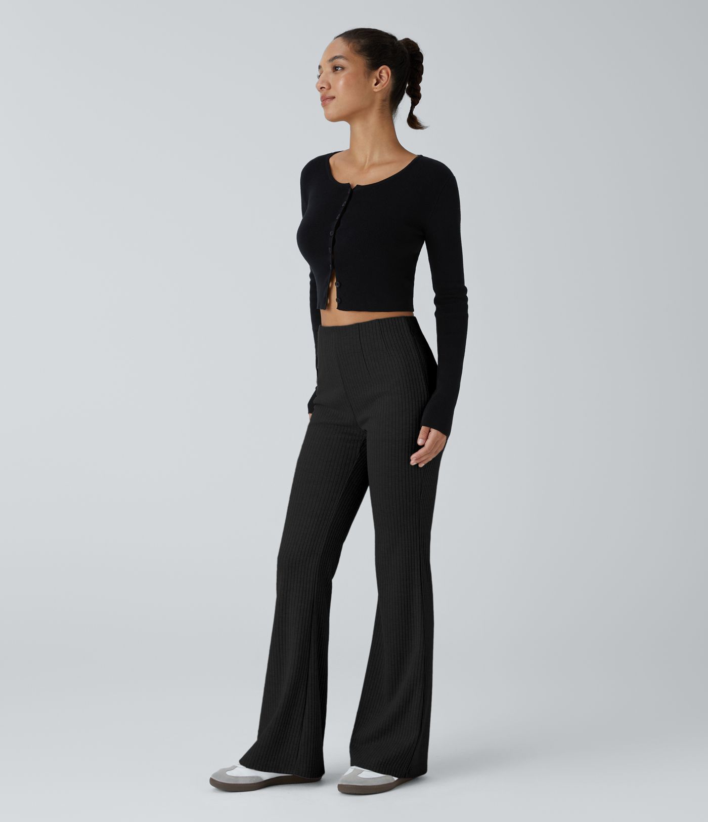 Ribbed Knit High Waisted Side Zipper Pockets Casual Flare Pants