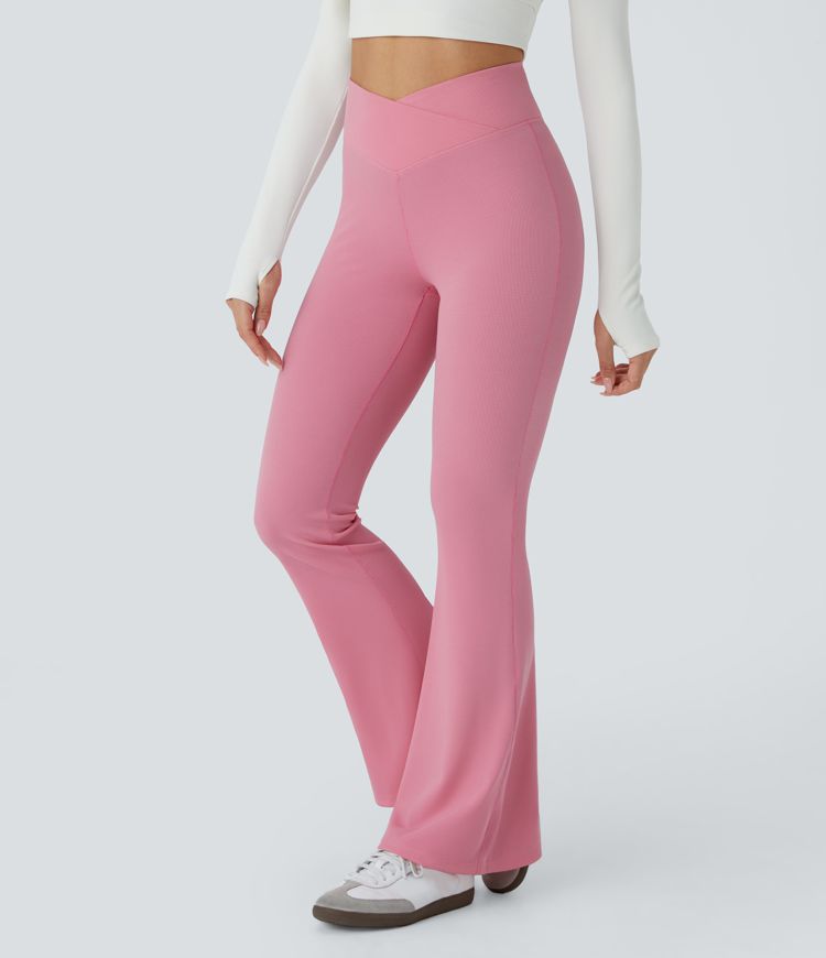 Crossover High Waisted Back Pocket Waffle Casual Flare Pants