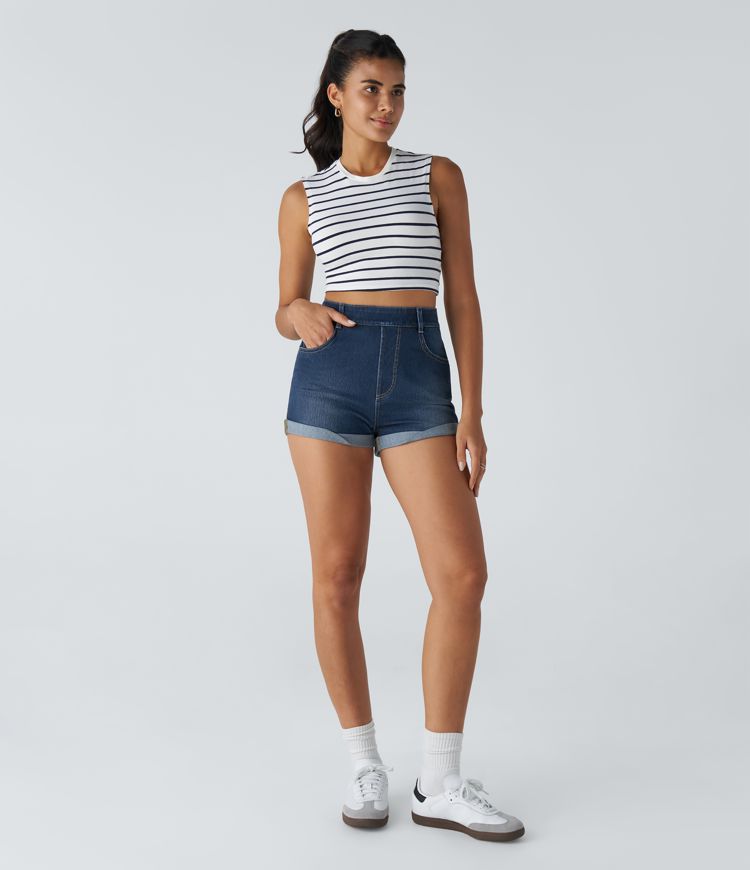 Halara Flex™ High Waisted Pockets Rolled Hem Washed Denim Casual Shorts