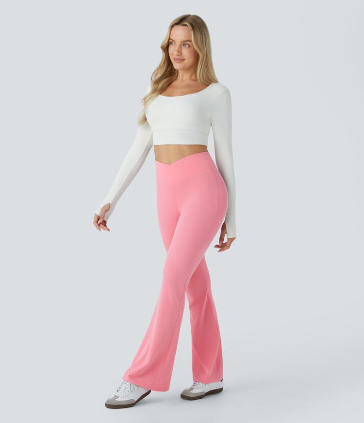 Lässige Waffel-Flare-Hose mit hohem Crossover-Bund und Seitentaschen