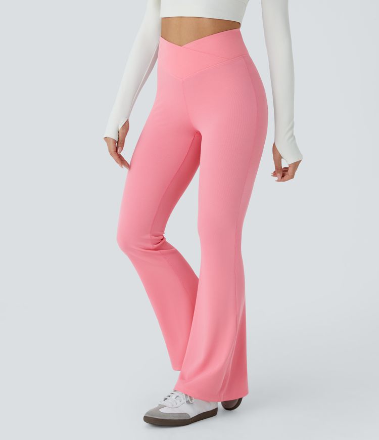 Crossover High Waisted Back Pocket Waffle Casual Flare Pants