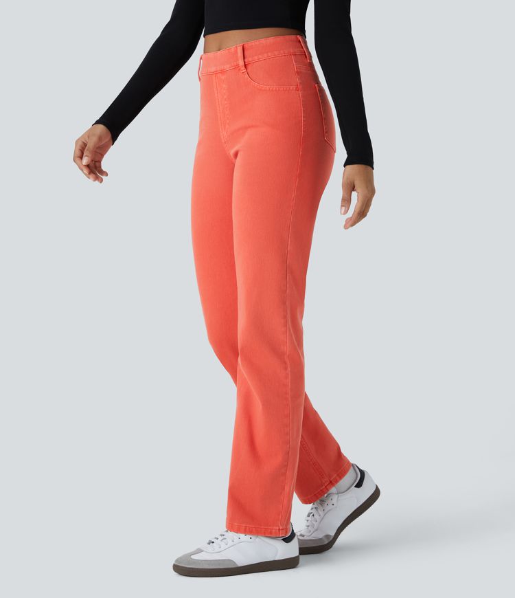 HalaraMagic™ High Waisted Multiple Pockets Straight Leg Stretchy Knit Casual Jeans