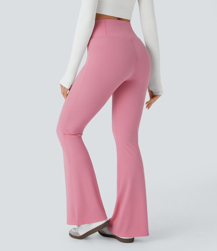 Crossover High Waisted Back Pocket Waffle Casual Flare Pants