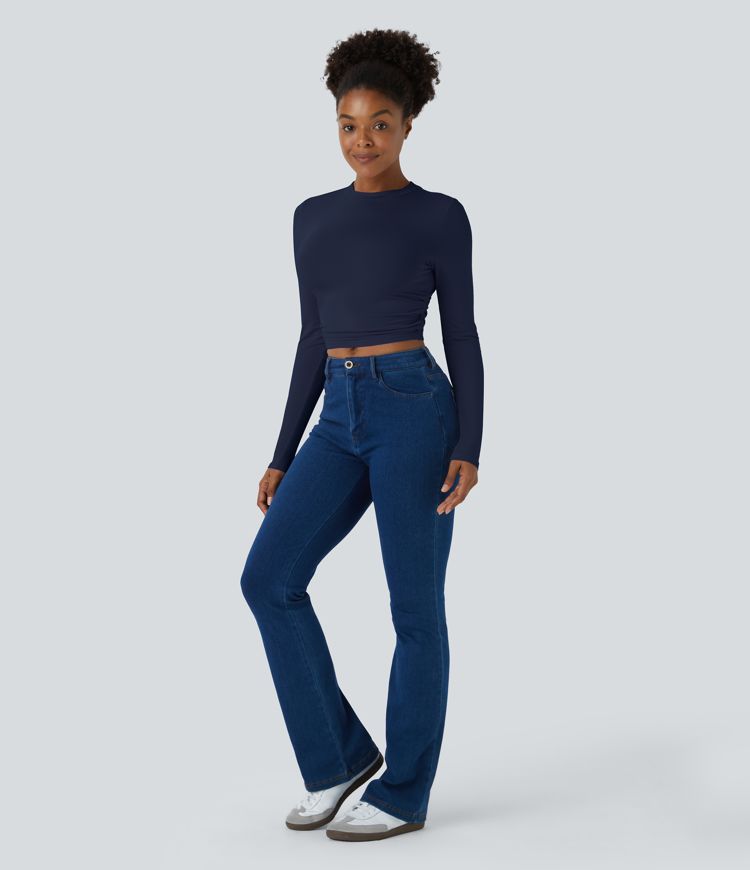 Round Neck Long Sleeve Ruched Skinny Cropped Casual Top