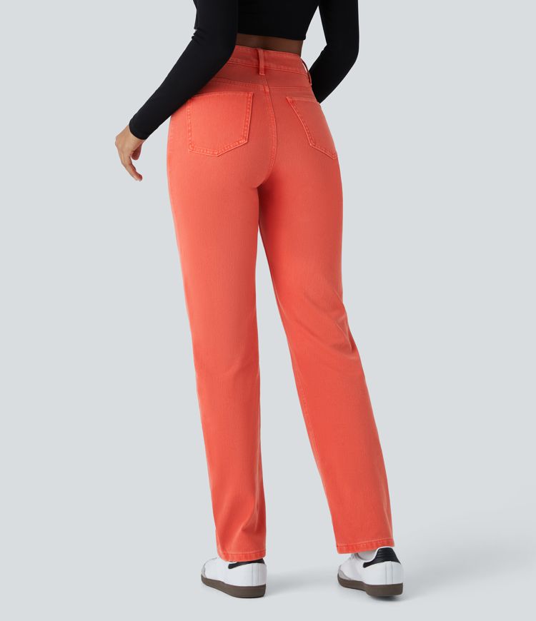 Halara Flex™ High Waisted Multiple Pockets Straight Leg Slim Fit Colourful Stretchy Knit Casual Jeans