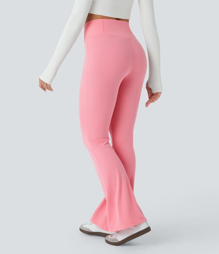 Crossover High Waisted Back Pocket Waffle Casual Flare Pants