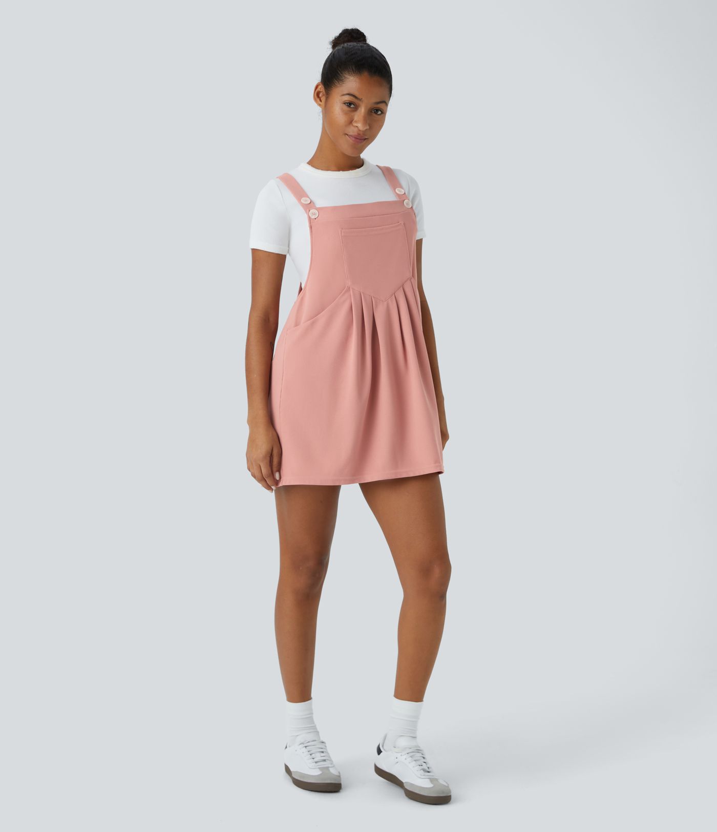 Adjustable Strap Button Multiple Pockets Mini Waffle Casual Pinafore Dress