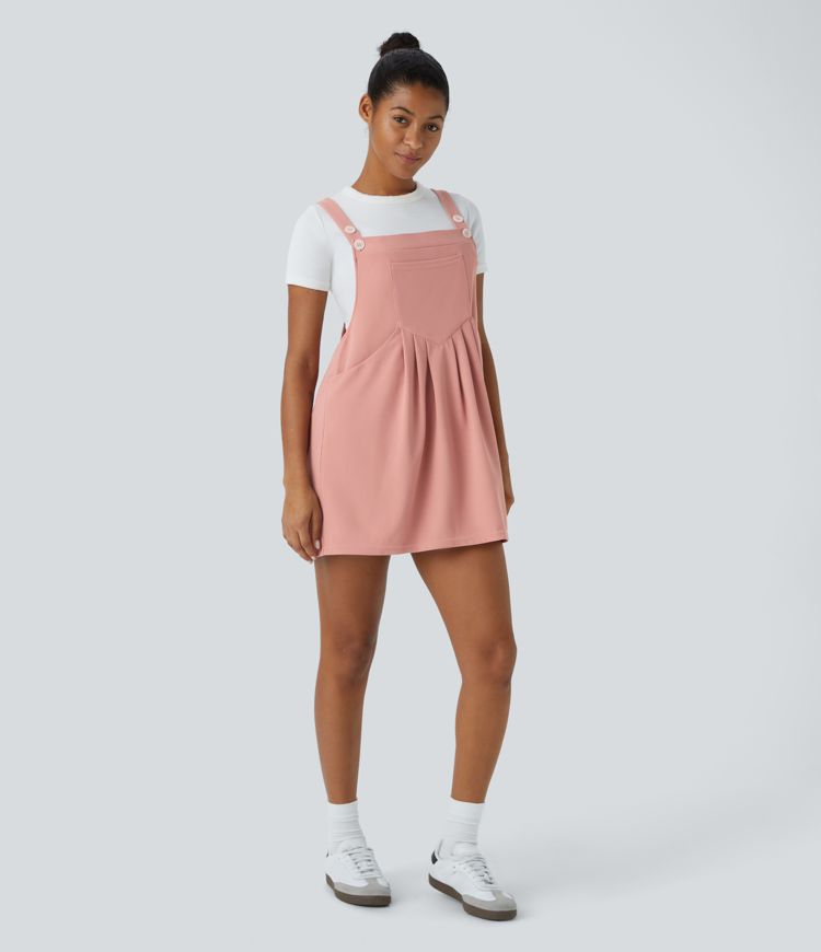 Adjustable Strap Button Multiple Pockets Mini Waffle Casual Pinafore Dress