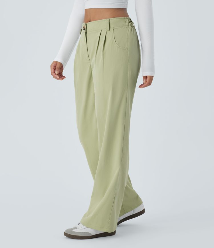 Pantalón tiro medio botón cremallera bolsillo lateral pierna recta