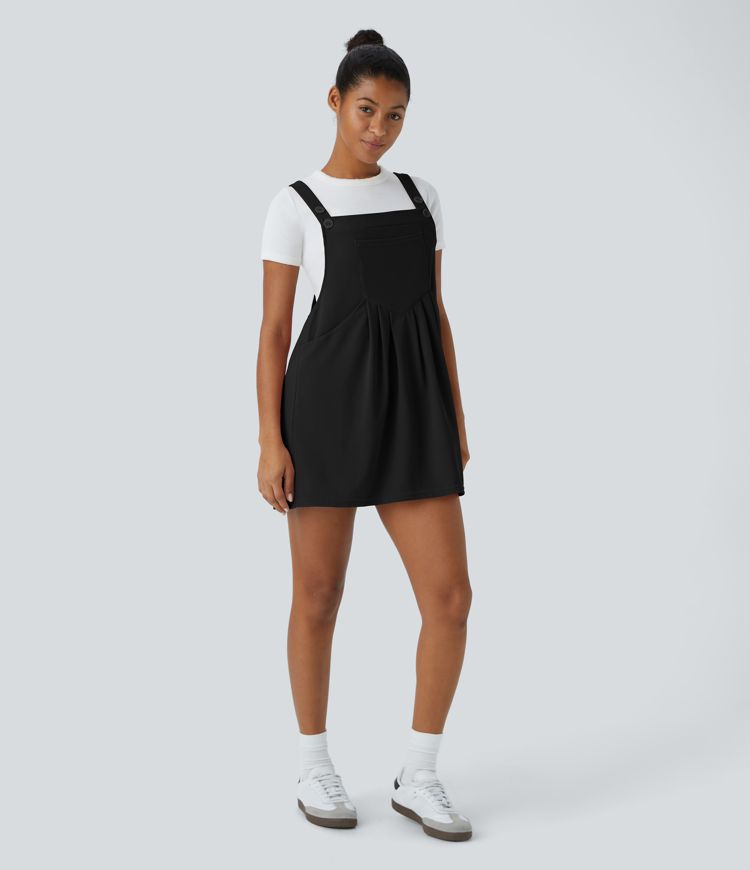 Vestido pichi tirante ajustable botones múltiple bolsillo plisado gofre