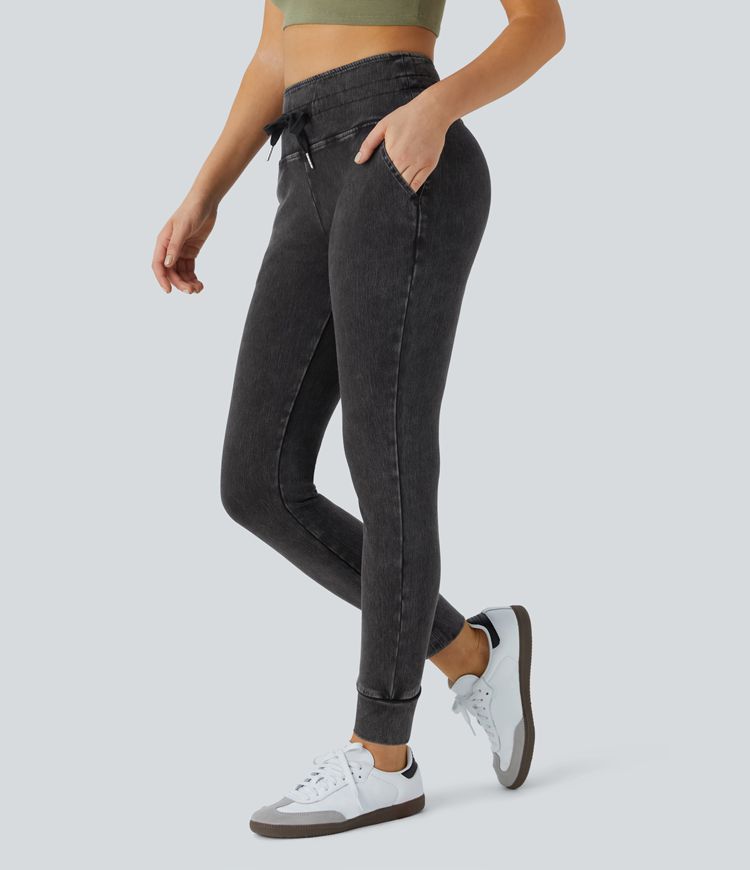 Halara Flex™ Lässige, gewaschene Slim Jeans aus elastischem Strick-Denim mit hohem elastischem Bund und Tunnelzug
