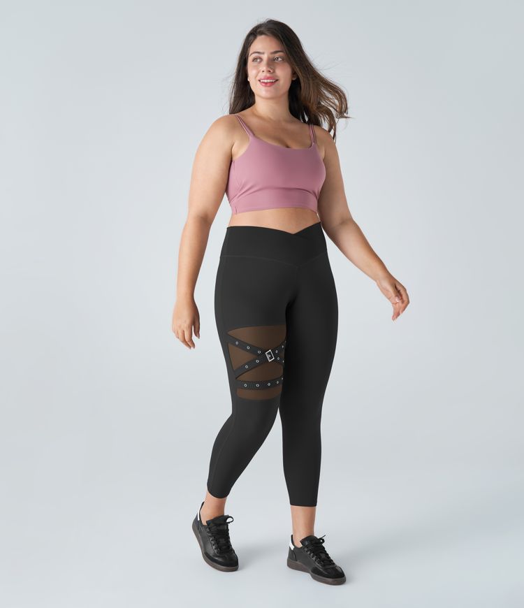 DayStretch High Waisted Crossover Contrast Mesh Decorative Buckle Yoga Plus Size Leggings