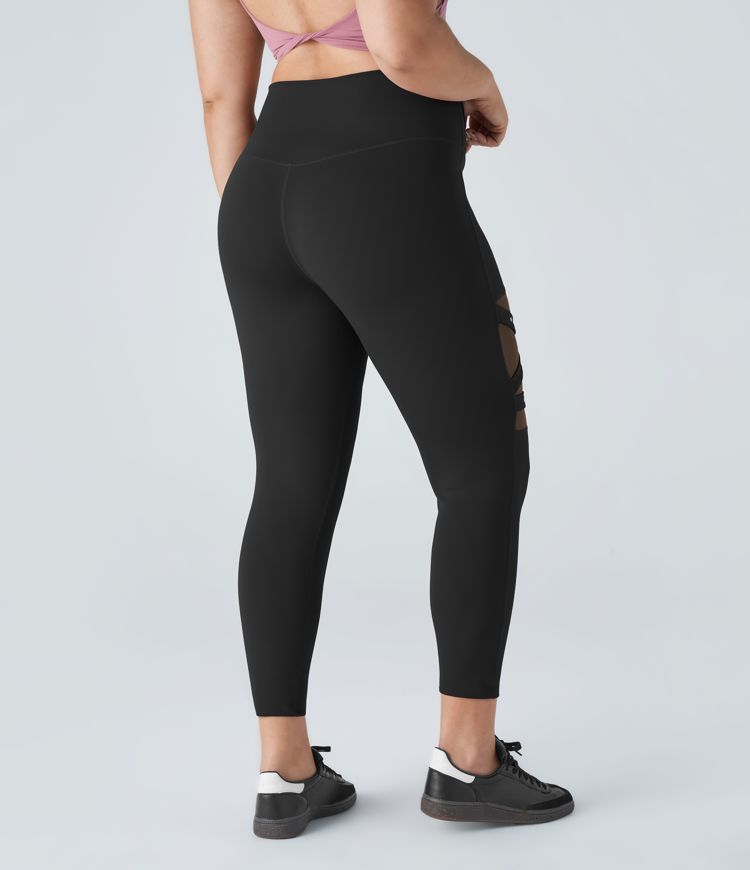 DayStretch High Waisted Crossover Contrast Mesh Decorative Buckle Yoga Plus Size Leggings