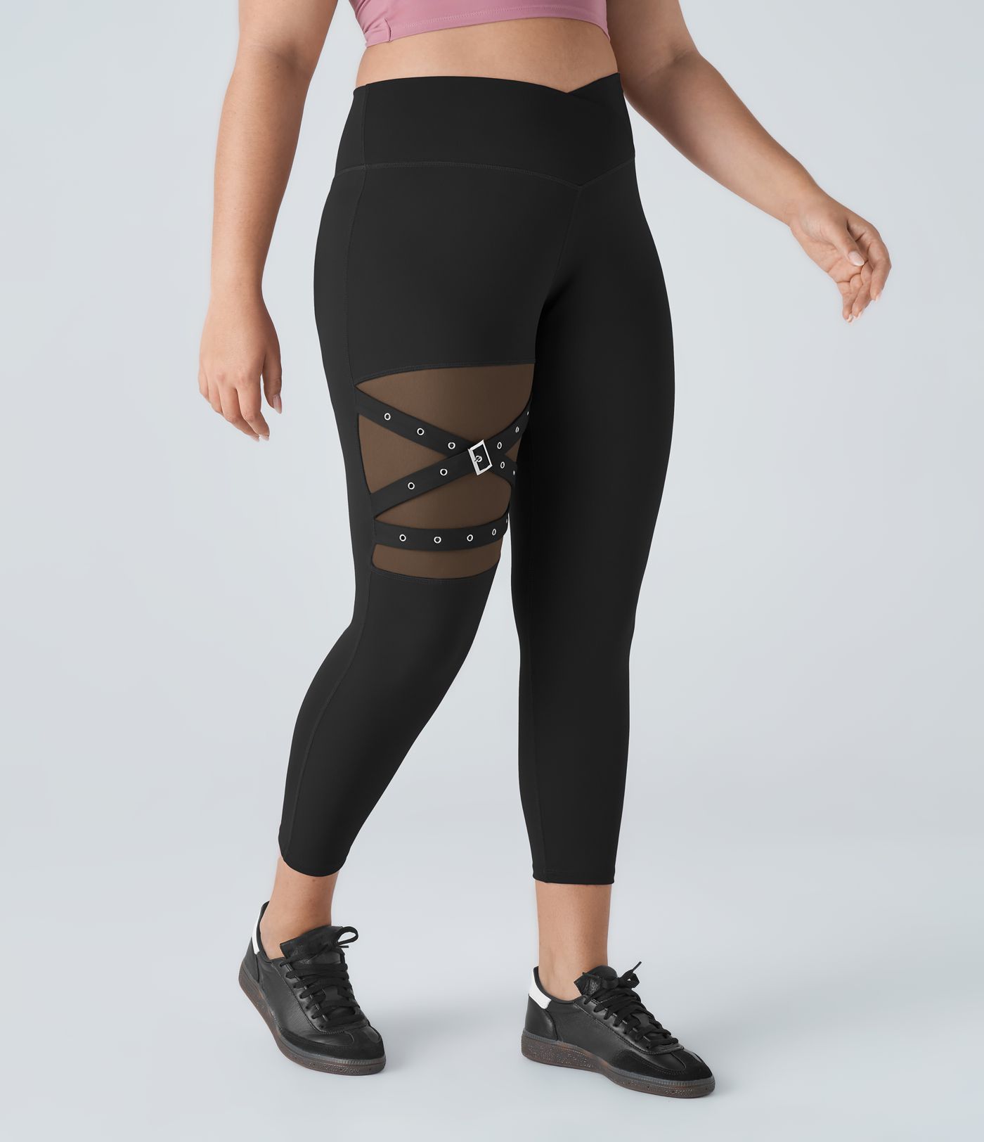 DayStretch High Waisted Crossover Contrast Mesh Decorative Buckle Yoga Plus Size Leggings