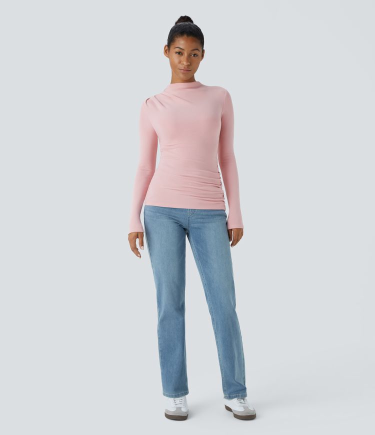 Top térmico ajustado manga larga cuello alto fruncido