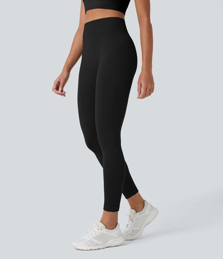 Noir Leggings de yoga 7/8 doux, sans coutures, côtelés, taille haute et gainants pour le ventre / 1