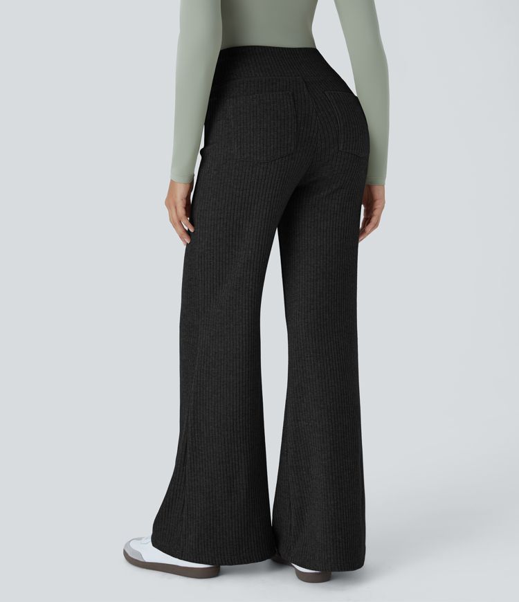 Ribbed Knit High Waisted Pocket Casual Flare Pants