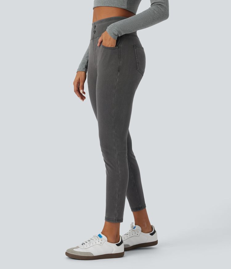 Halara Flex™ Curvy High Waisted Decorative Button Multiple Pockets Stretchy Knit Denim Casual 7/8 Leggings