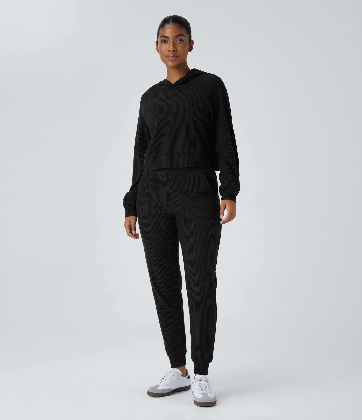 Ribbed Knit Hooded Long Sleeve Split Casual Sweatshirt