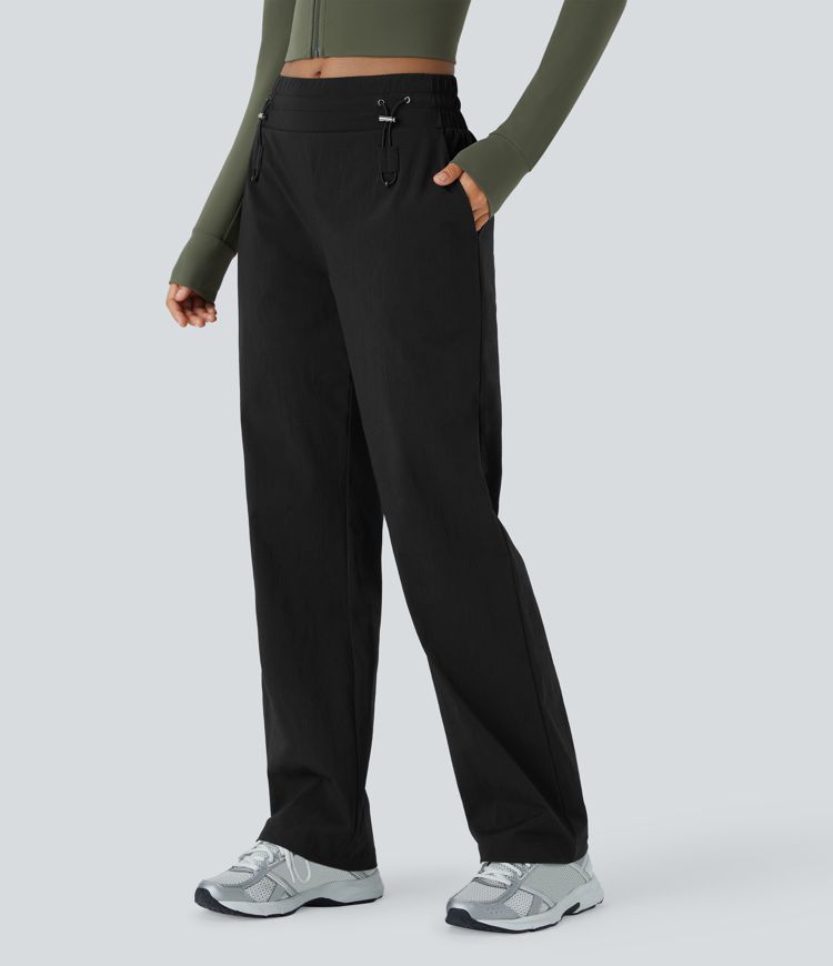 Wear-Resistant Mid Rise Adjustable Drawcord Side Pocket Straight Leg Casual Pants