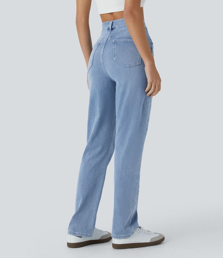 Jeans Halara Flex™ Denim frescos al tacto rectos elásticos de tiro alto descoloridos con múltiples bolsillos