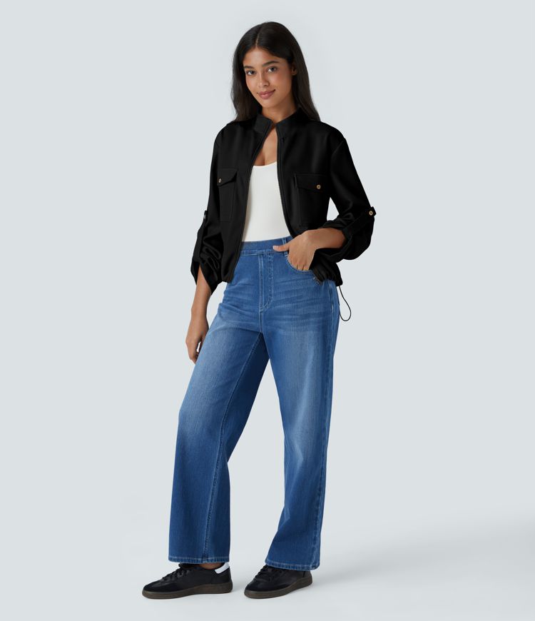 Chaqueta cuello alto manga enrollable bolsillo solapa cordón interior dobladillo cremallera