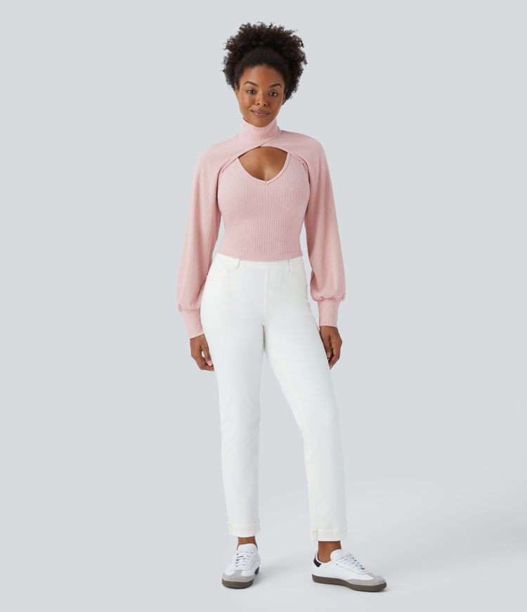 Ribbed Knit High Neck Long Sleeve Cut Out 2-Piece Casual Sweater