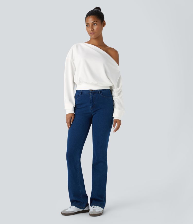 Oblique Shoulder Ruched Long Sleeve Relaxed Casual Sweatshirt