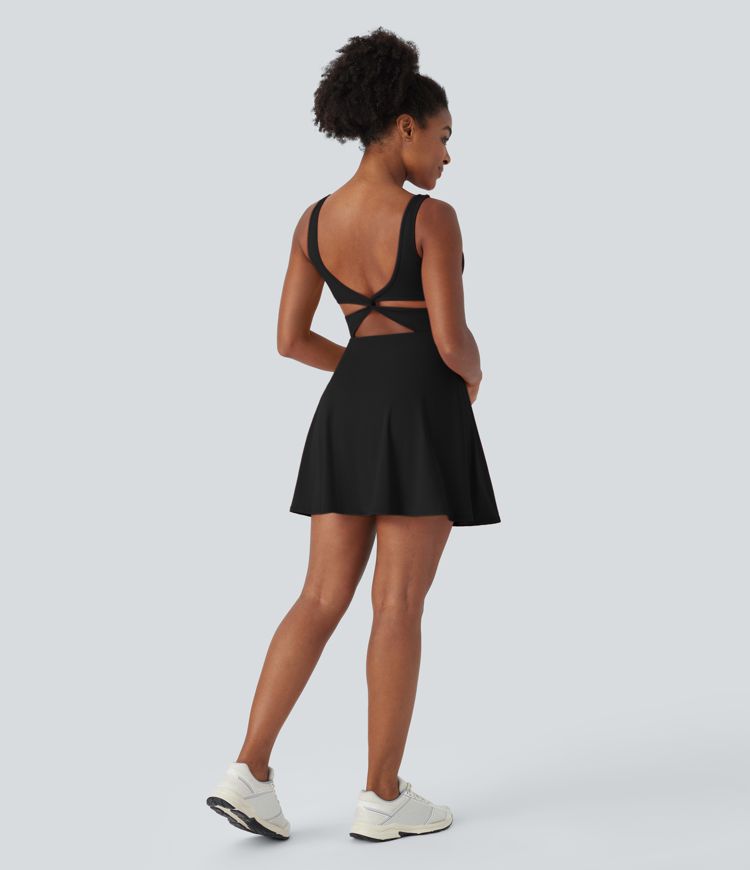 Mini Vestido Softlyzero™ QuickDry tenis acampanado secado rápido retorcido cut out bolsillo lateral cuello V sin espalda 2 en 1