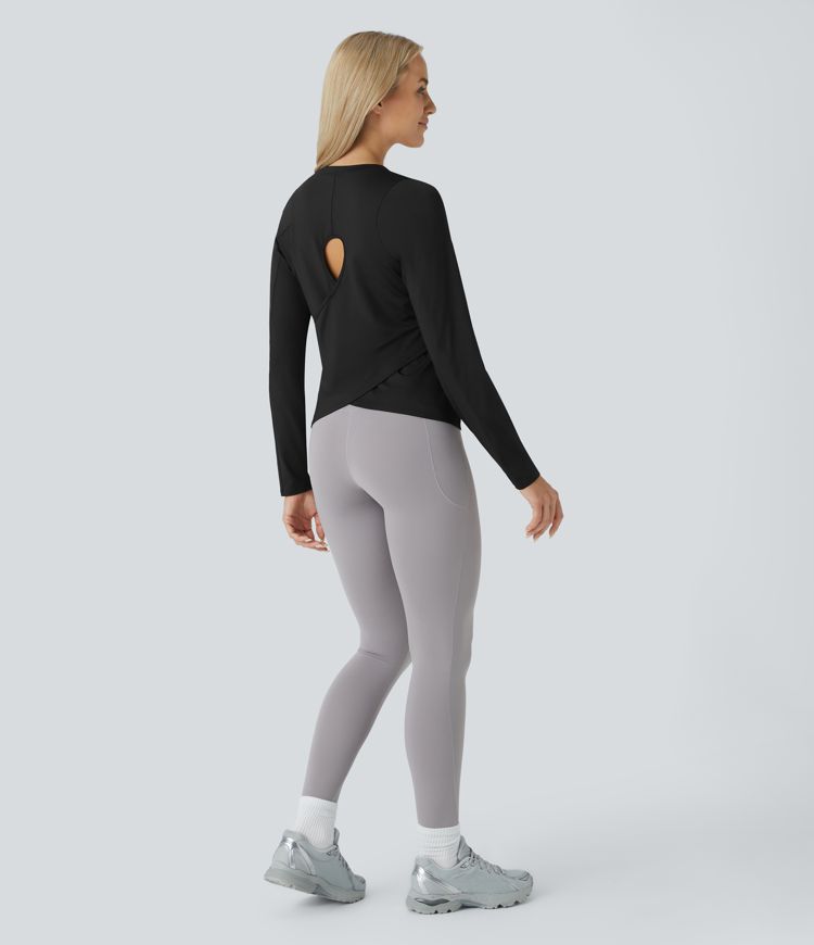 Cut Out Crossover Hem Long Sleeve Yoga Sports Top